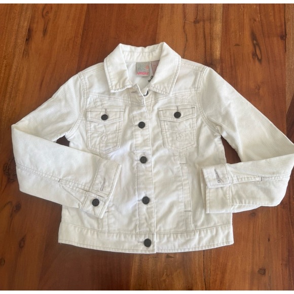 Roxy Girls Y2k Corduroy Jacket White Trucker‎ Embroidered Floral Medium 6 8 - Picture 1 of 6